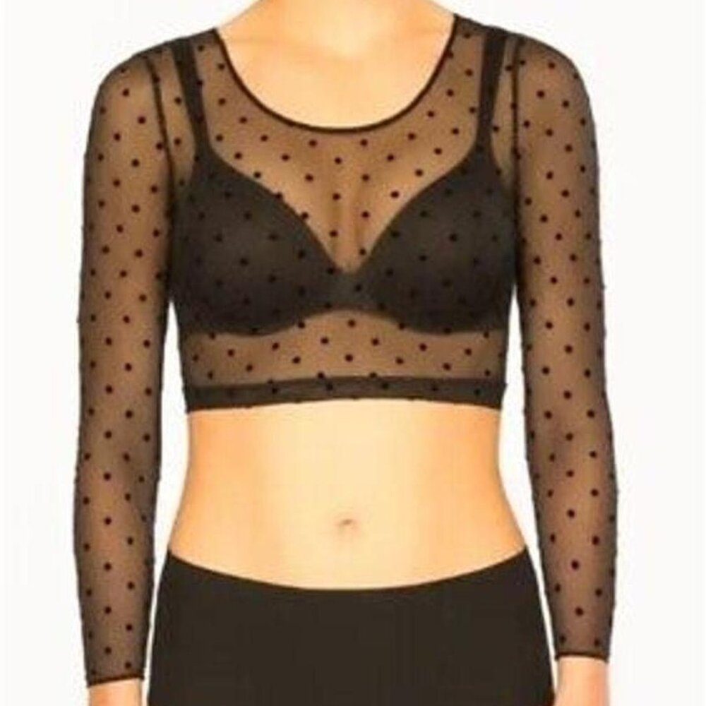 Spanx Black Sheer Polka Dot Mesh Crop Top Long Sleeve